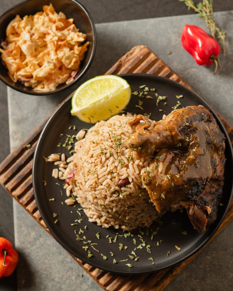 Jerk chicken served over rice at Nathan's Jerk in Oshawa